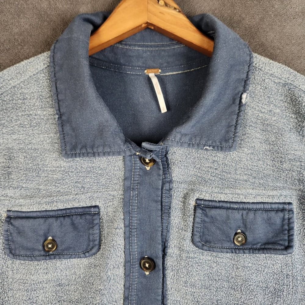 Free People Ruby Fleece Jacket Womens Small Blue Oversized Distressed Button Up